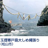 	源平の昔、高縄山城主河野通信が龍神を勧請し海上安全と五穀豊穣を祈ったのに始まると伝えられ、毎年、4月29日、直径30cm・長さ45mにおよぶ大しめ縄が張り替えられ、伊予きっての異彩行事です。 鹿島から遊覧船で25分(4～10月で予約必要)。